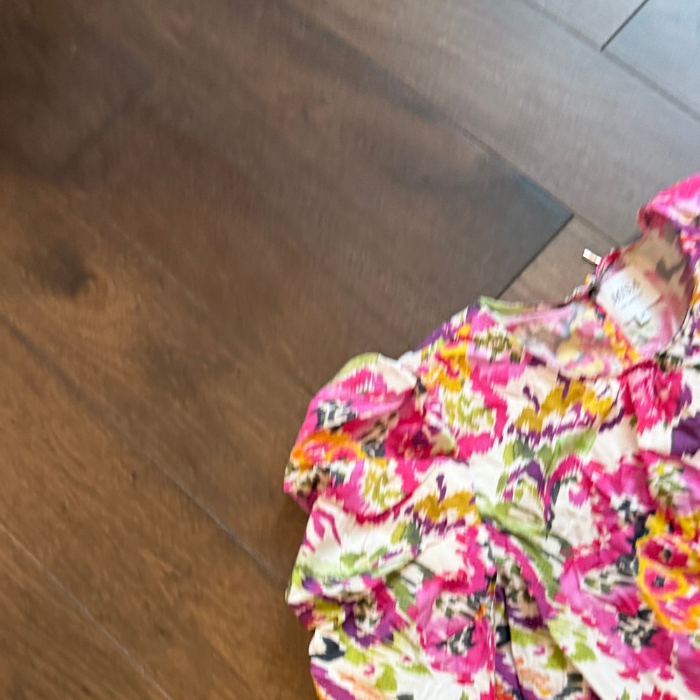 MISA Los Angeles Pink Floral Ikat Puff Sleeve Mini Shift Dress Womens Size M c11 - Picture 4 of 7